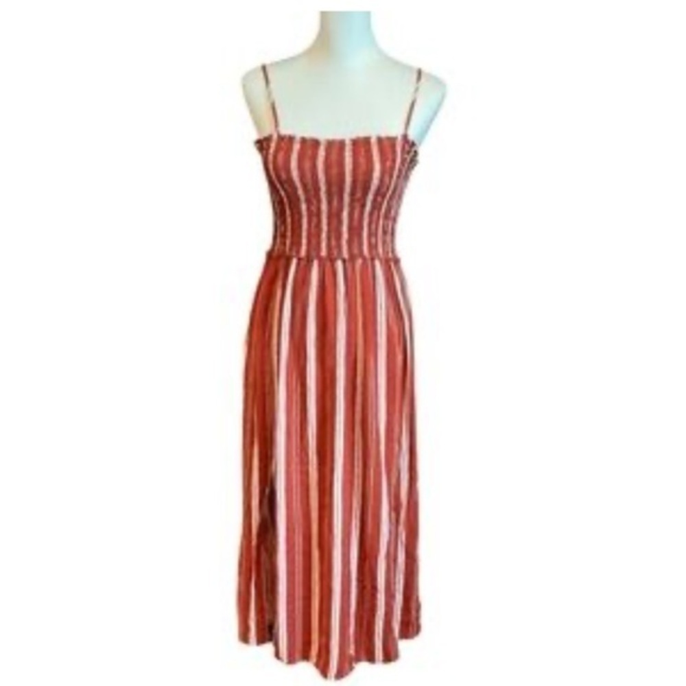 🍵🐠New Look maxi dress smocked striped rust orange white sm side slits CLEARANCE
